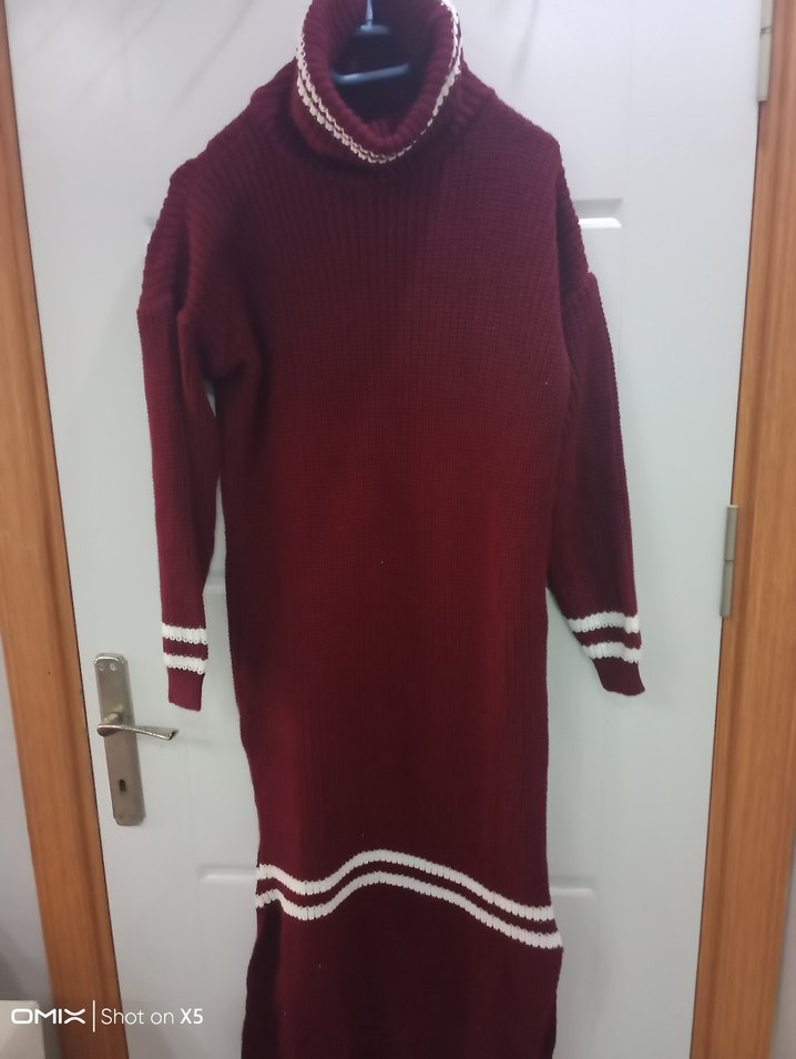 Bordo Yüksek Yaka Uzun Triko Kadın Kazak - Görsel 2