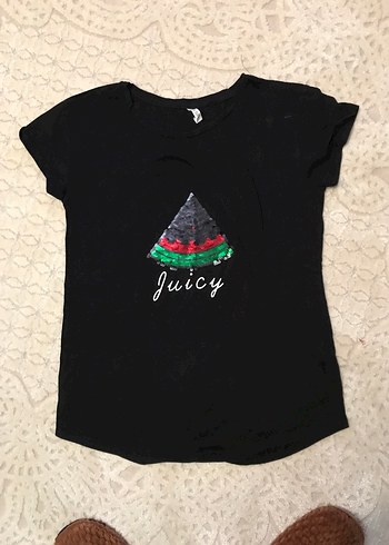 Kız Çocuk Siyah Karpuz Baskılı Kısa Kollu Tişört - Görsel 2