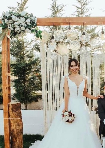 V Yaka Beyaz Uzun A Kesim Gelinlik - Görsel 2