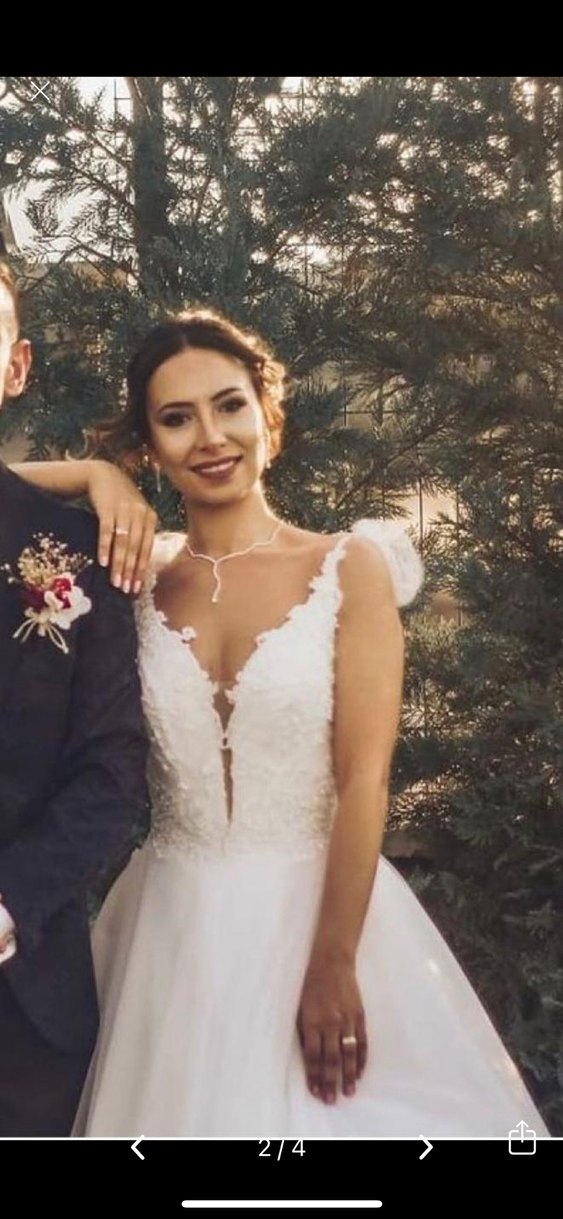 V Yaka Beyaz Uzun A Kesim Gelinlik - Görsel 4