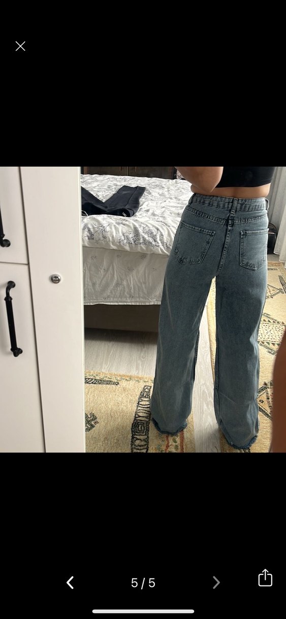 Gri Düğmeli Bol Kesim Midi Kot Pantolon - Görsel 2