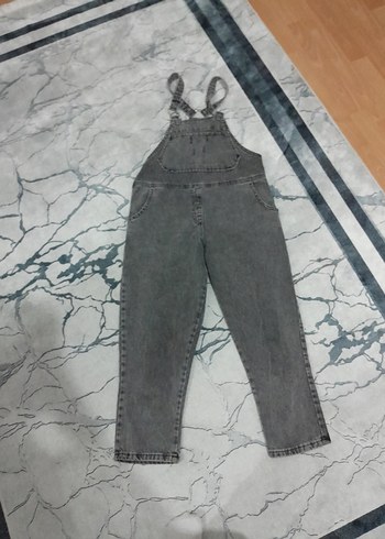 Kızlar için Gri Denim Askılı Tulum