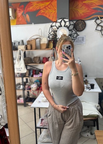 s Beden Gri Baskılı Mini Denim Atlet