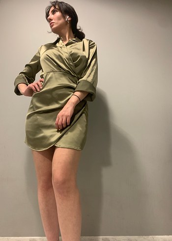 Kadın Haki Saten Midi Elbise - Görsel 2