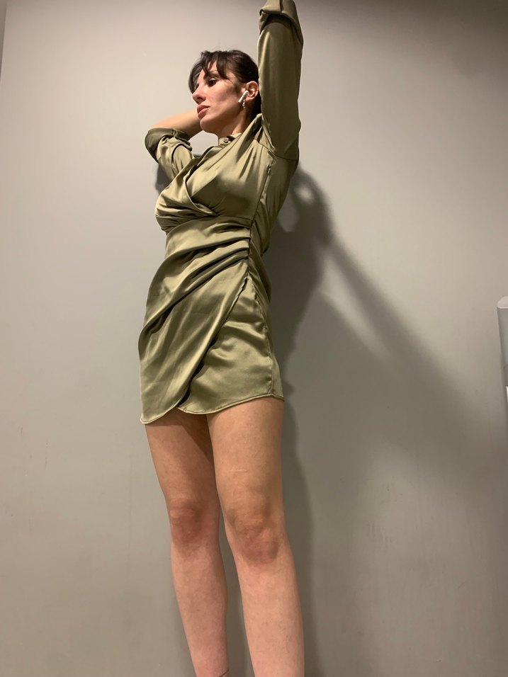 Kadın Haki Saten Midi Elbise - Görsel 3