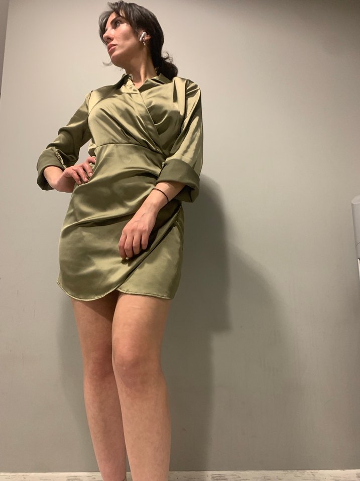 Kadın Haki Saten Midi Elbise - Görsel 2