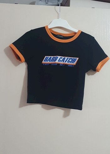 Diğer Hard Catch Siyah Crop Tisort Turuncu Detayli Rahat Kesim