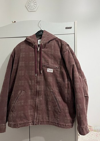 Ekose bordo kapüşonlu vintage unisex bdg jean ceket y2k