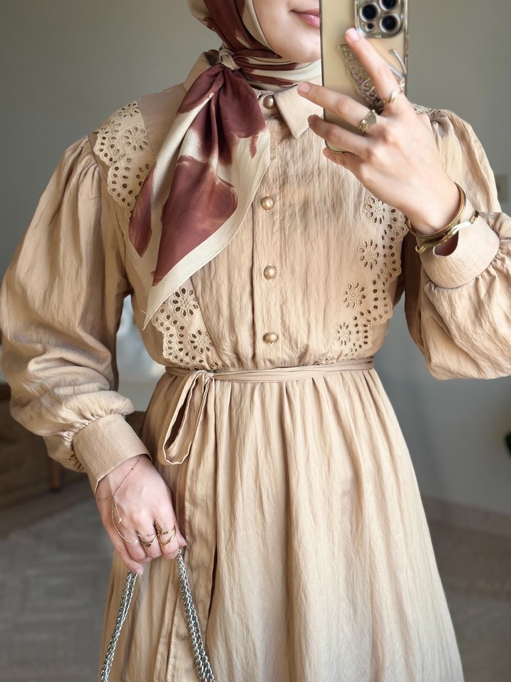 Bej Bohem Uzun Transparan Elbise - Görsel 2