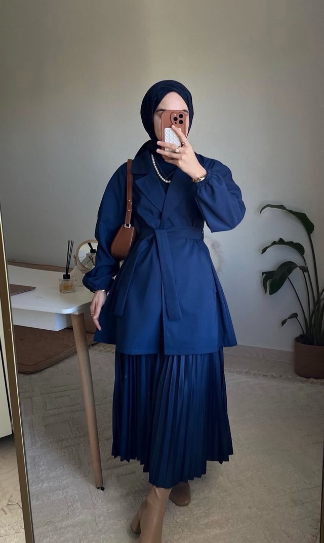 Kadın Lacivert Kuşaklı Uzun Kollu Trençkot - Görsel 2