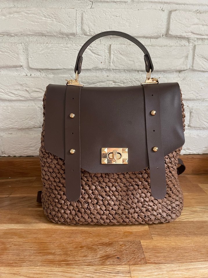 Kahverengi Örgü Deri Sırt Çantası - Görsel 5