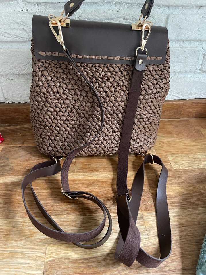Kahverengi Örgü Deri Sırt Çantası - Görsel 2