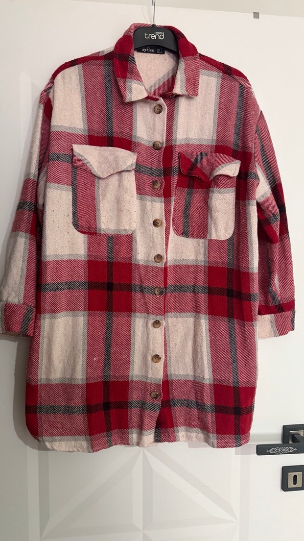 Düğmeli Kırmızı oduncu Ekose Kadın Gömlek - Görsel 2