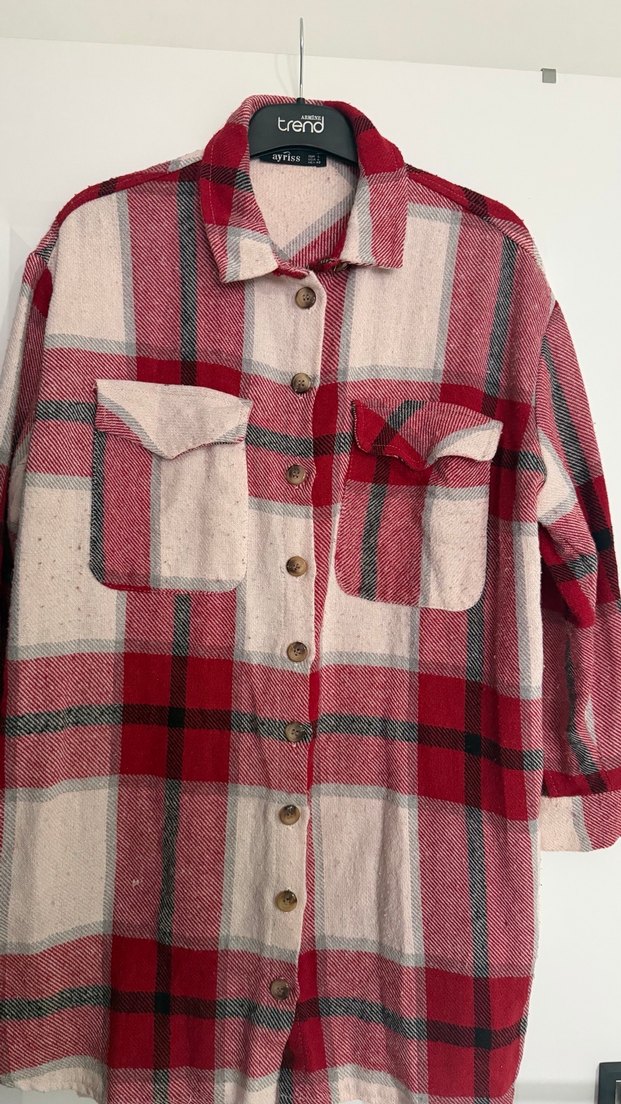 Düğmeli Kırmızı oduncu Ekose Kadın Gömlek - Görsel 3