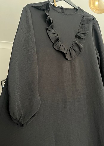 Uzun Siyah Keten Elbise, Fırfırlı, Salaş Kesim - Görsel 3