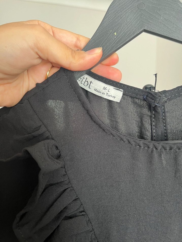 Uzun Siyah Keten Elbise, Fırfırlı, Salaş Kesim - Görsel 2