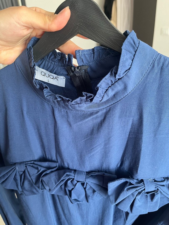 Fırfırlı Uzun Kollu Mavi Uzun Elbise - Görsel 3