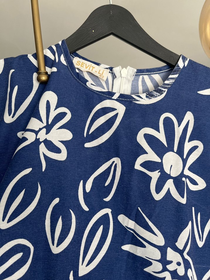 Bohem Uzun Kol Pliseli Mavi Elbise - Görsel 2