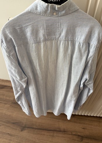 Düğmeli Mavi Keten Erkek Gömlek - Görsel 3