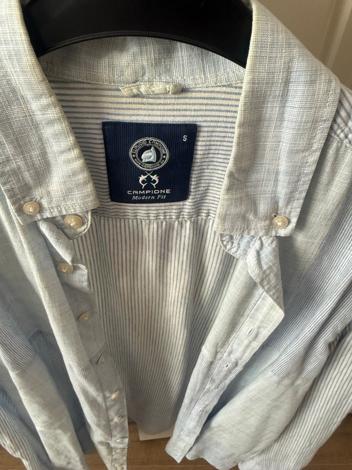 Düğmeli Mavi Keten Erkek Gömlek - Görsel 2