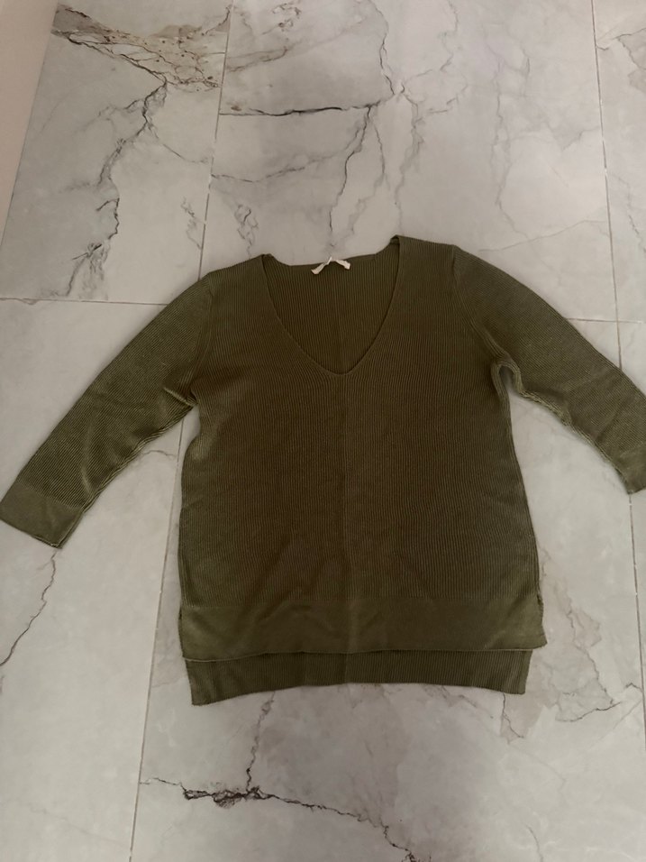 V Yaka Keten Kadın Kazak - Haki - Görsel 2