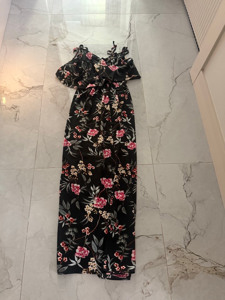 Çiçek Desenli Straplez Uzun Elbise - Görsel 2