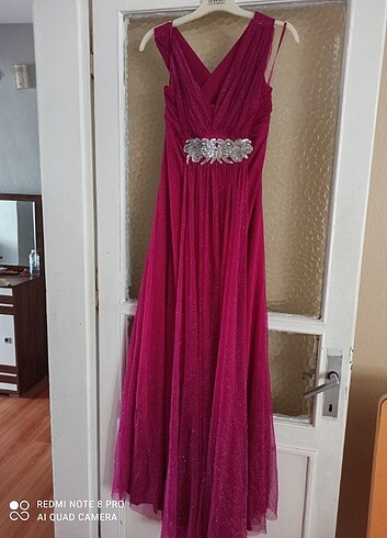 Pembe renk simli kadın abiye elbise - Görsel 2