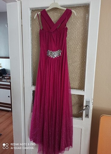 Pembe renk simli kadın abiye elbise - Görsel 3