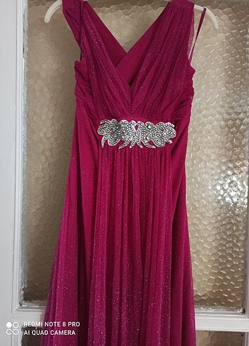 Pembe renk simli kadın abiye elbise - Görsel 4