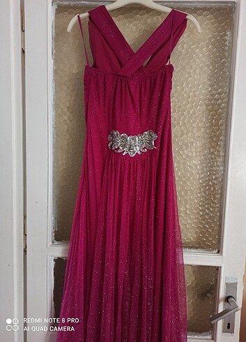 Pembe renk simli kadın abiye elbise - Görsel 5