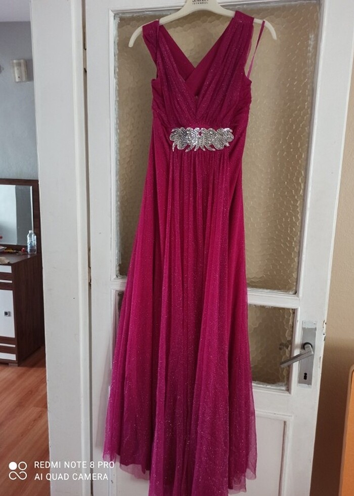 Pembe renk simli kadın abiye elbise - Görsel 2