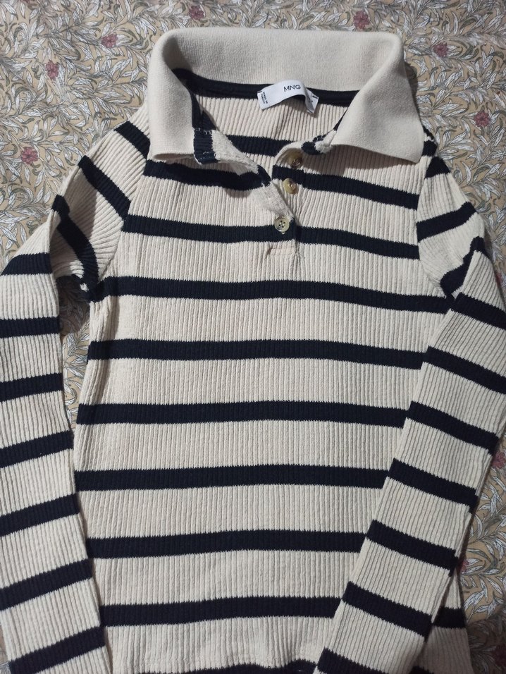 Çizgili Bej Triko Uzun Kollu Kazak - Görsel 2