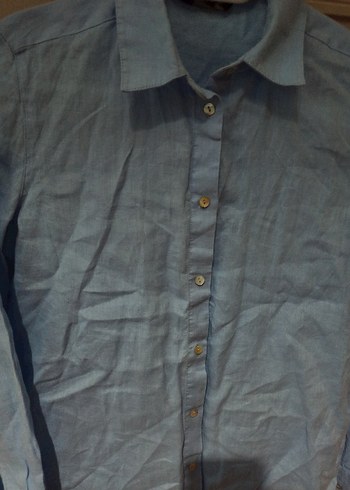 Mavi Keten Uzun Kollu Kadın Gömlek - Görsel 2