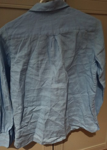 Mavi Keten Uzun Kollu Kadın Gömlek - Görsel 3