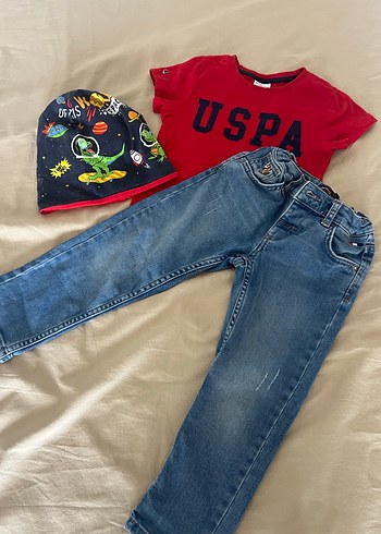 USPA Kırmızı Tişört ve Kot Pantolon Bebek Takımı