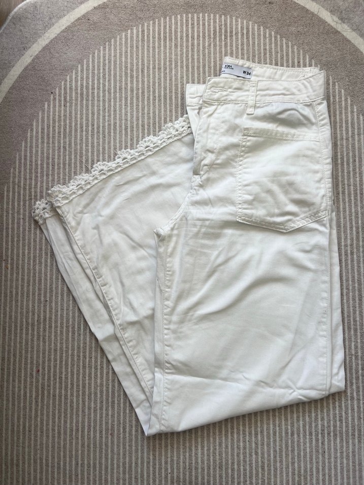 Beyaz kumaş pantolon dantel işlemeli - Görsel 4