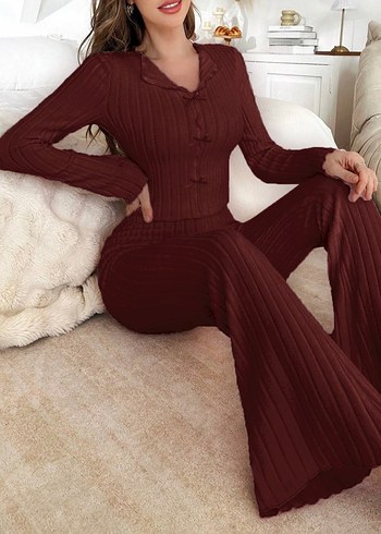 Bordo Fitilli Kadın Uzun Kollu Pijama Takımı