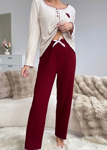 l Beden Bordo Nakışlı Rahat Kadın Pijama Takımı