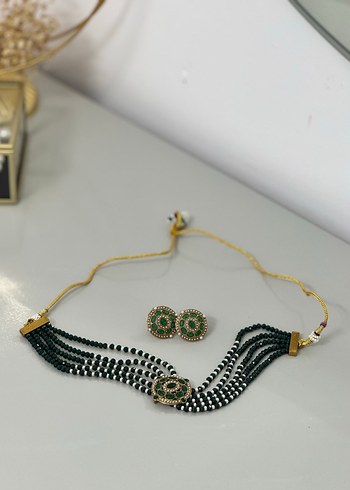 Uzun Yeşil Boncuklu Vintage Kolye ve Küpe Seti - Görsel 2