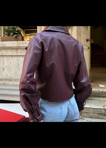 m Beden Bordo Deri Kemerli Kısa Ceket