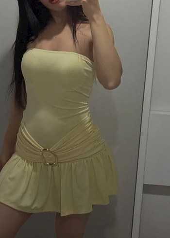 Sarı Straplez Mini Elbise