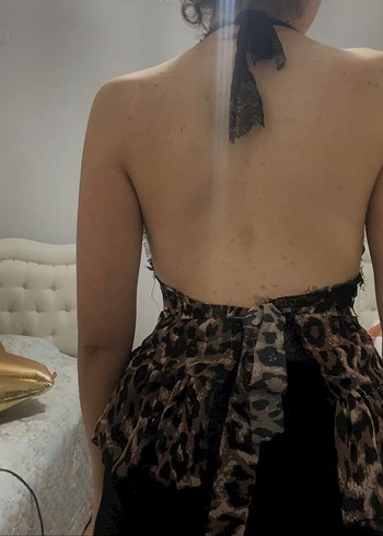 m Beden kahverengi Renk Dantel Detaylı Leopar Desenli Kadın V Yakalı bluz