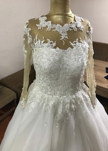 Büyük beden Dantel Detaylı Uzun Kollu A kesim  Gelinlik - Görsel 5