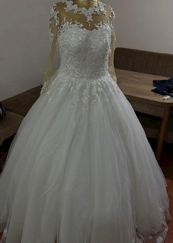 Büyük beden Dantel Detaylı Uzun Kollu A kesim  Gelinlik - Görsel 4