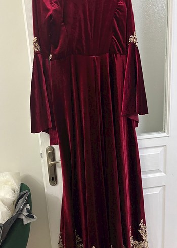 Bordo Nakışlı Uzun Kadın Bindallı Elbise - Görsel 4