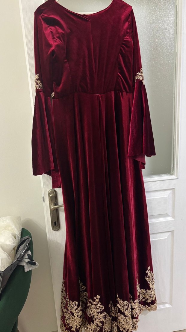 Bordo Nakışlı Uzun Kadın Bindallı Elbise - Görsel 4