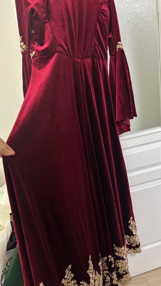 Bordo Nakışlı Uzun Kadın Bindallı Elbise - Görsel 3