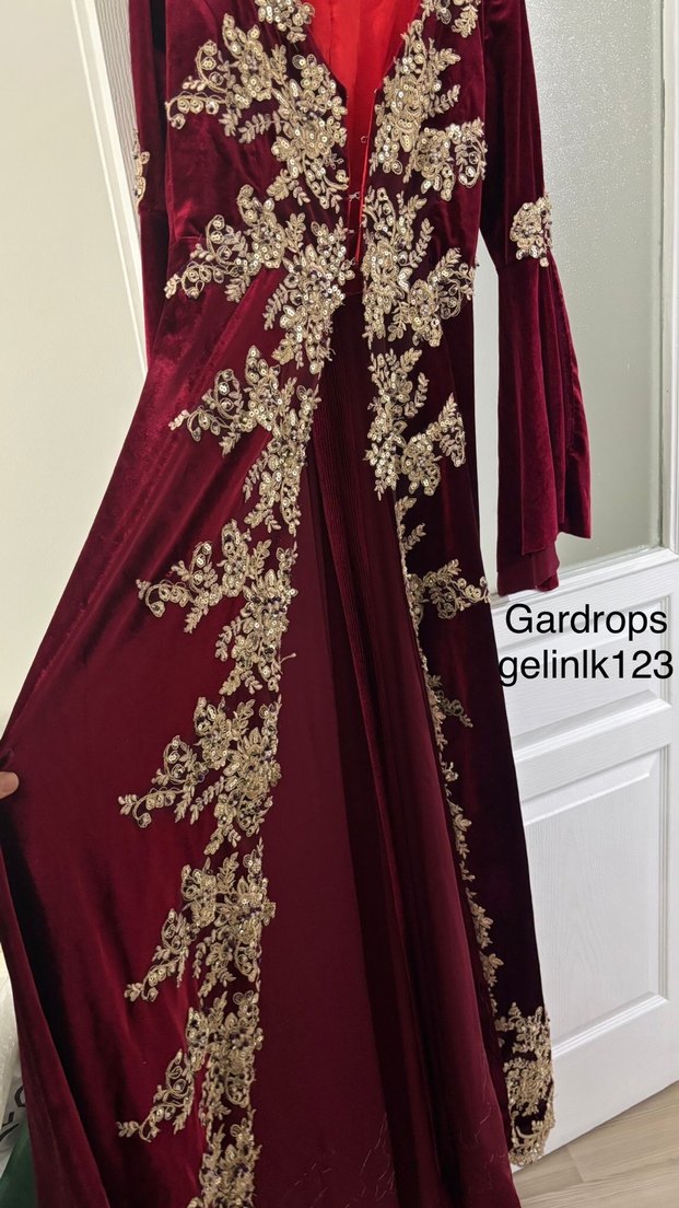 Bordo Nakışlı Uzun Kadın Bindallı Elbise - Görsel 2