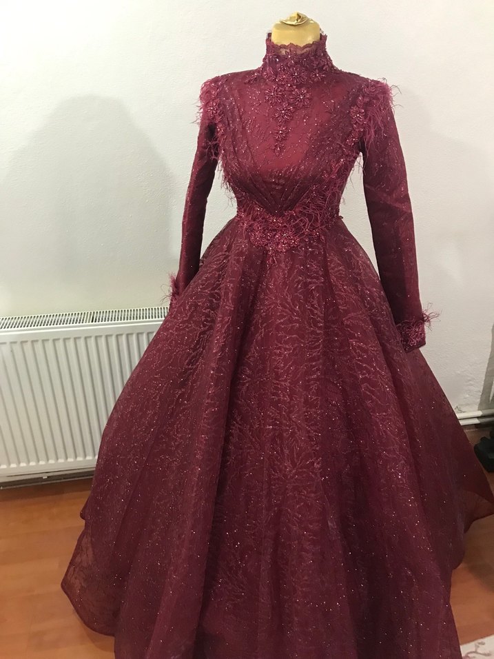 Bordo Uzun Kollu Nakışlı Kadın Kına Elbisesi - Görsel 4