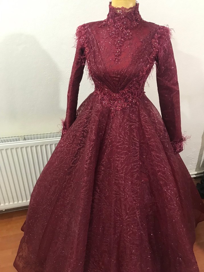 Bordo Uzun Kollu Nakışlı Kadın Kına Elbisesi - Görsel 5